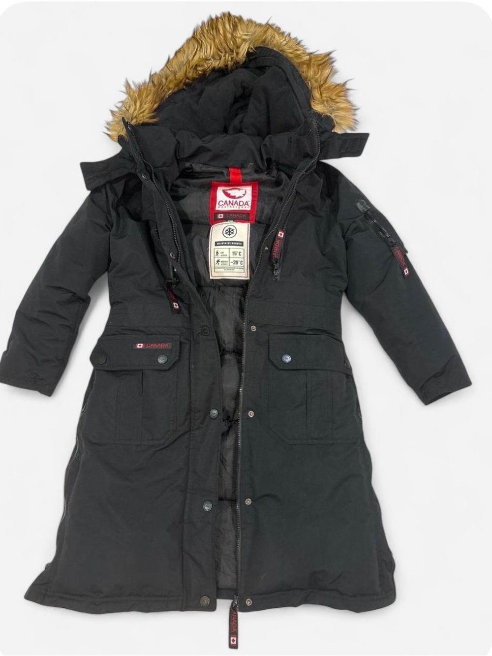 Canada Weatherproof Women’s Long Black Puffer Coat with Faux Fur Trim
